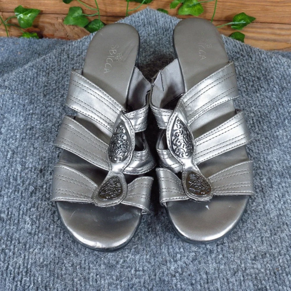 Sbicca Gotcha Women Slide Sandal 7 Wide Dressy Block Heel Pewter Silver Metallic